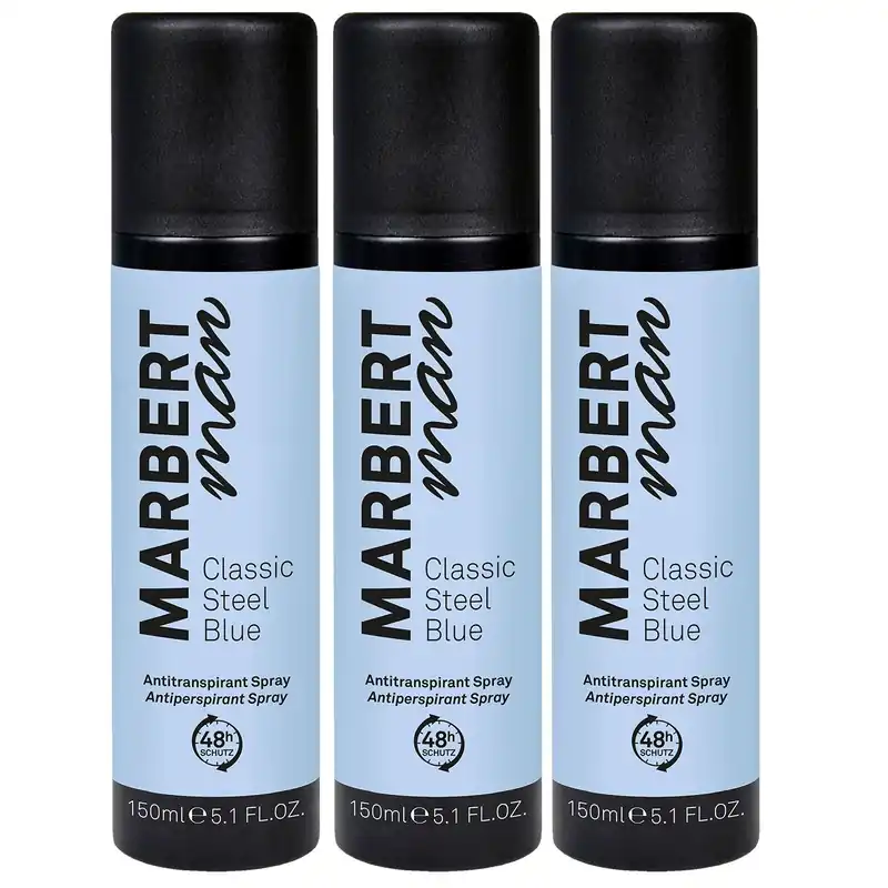 Letzte Chance Marbert Man Classic Steel Blue 3 x 150 ml Antitranspirant Spray Deospray Set