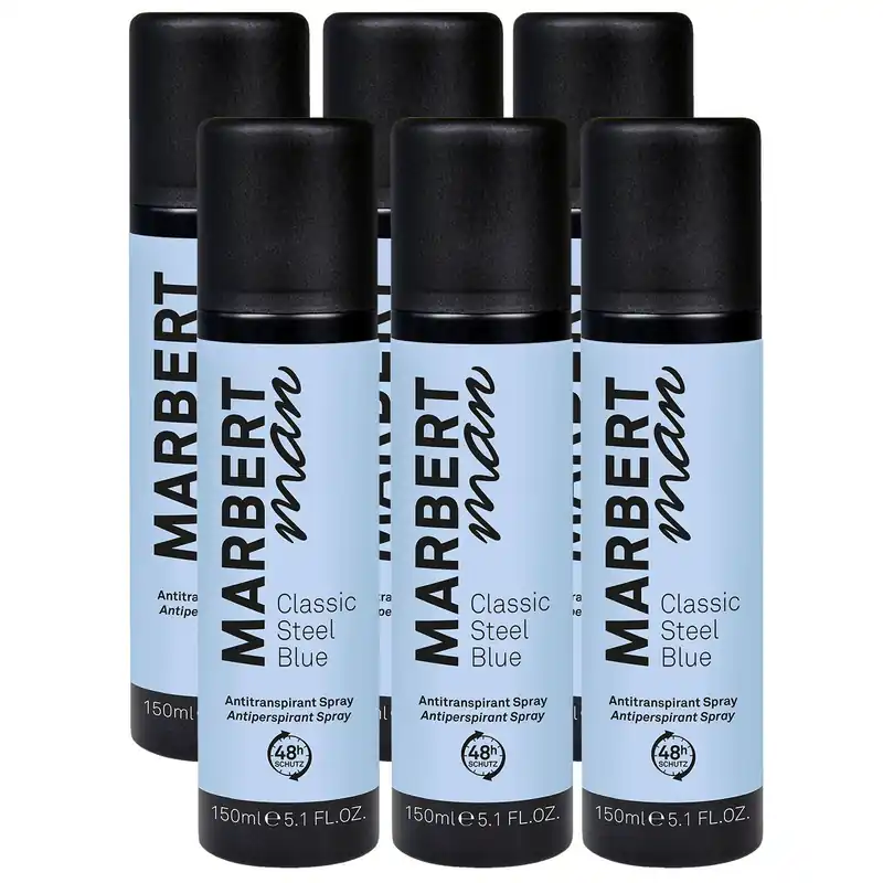 Marbert Man Classic Steel Blue 6 x 150 ml Antitranspirant Spray Deospray Set Mega-Angebot