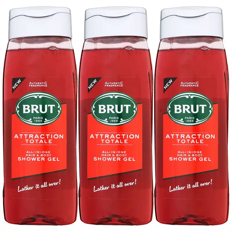 Brut Attraction Totale 3 x 500 ml All In One Hair & Body Shower Gel Duschgel Set Geprüft