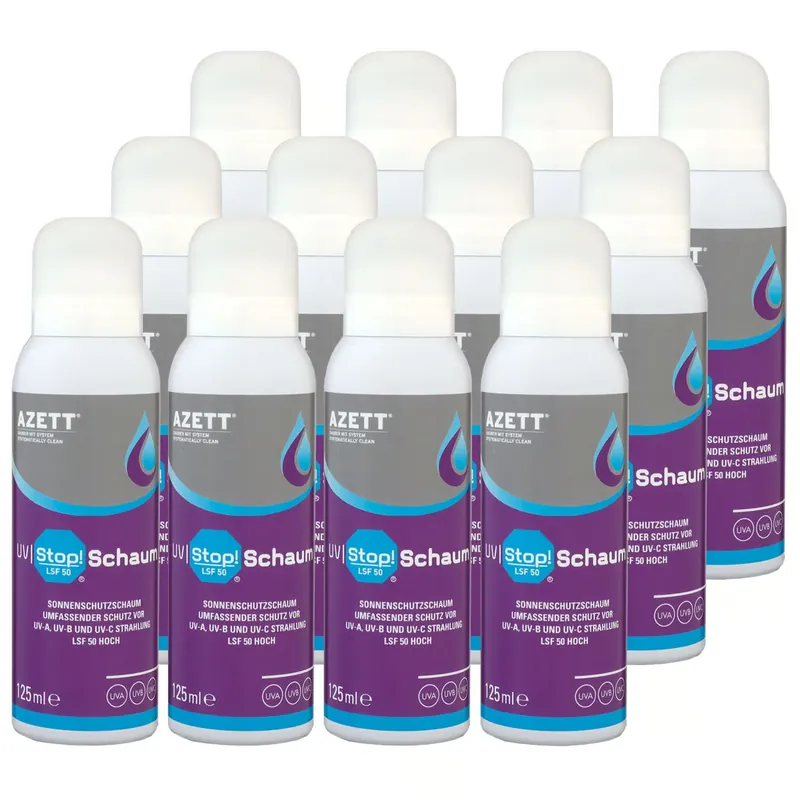Jetzt Bestellen Azett UV Stop Schaum 12 x 125 ml Sonnenschutzschaum Schutz vor UV Strahlung SPF 50
