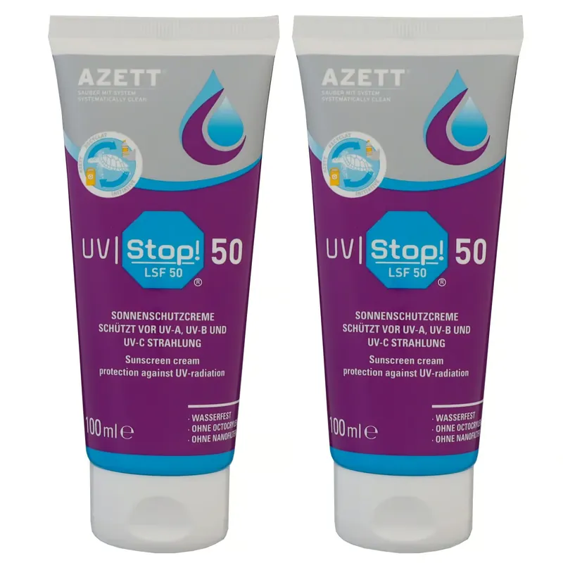 Begrenztes Angebot Azett UV Stop 2 x 100 ml Sonnenschutzcreme Schutz vor UV Strahlen LSF 50 Set