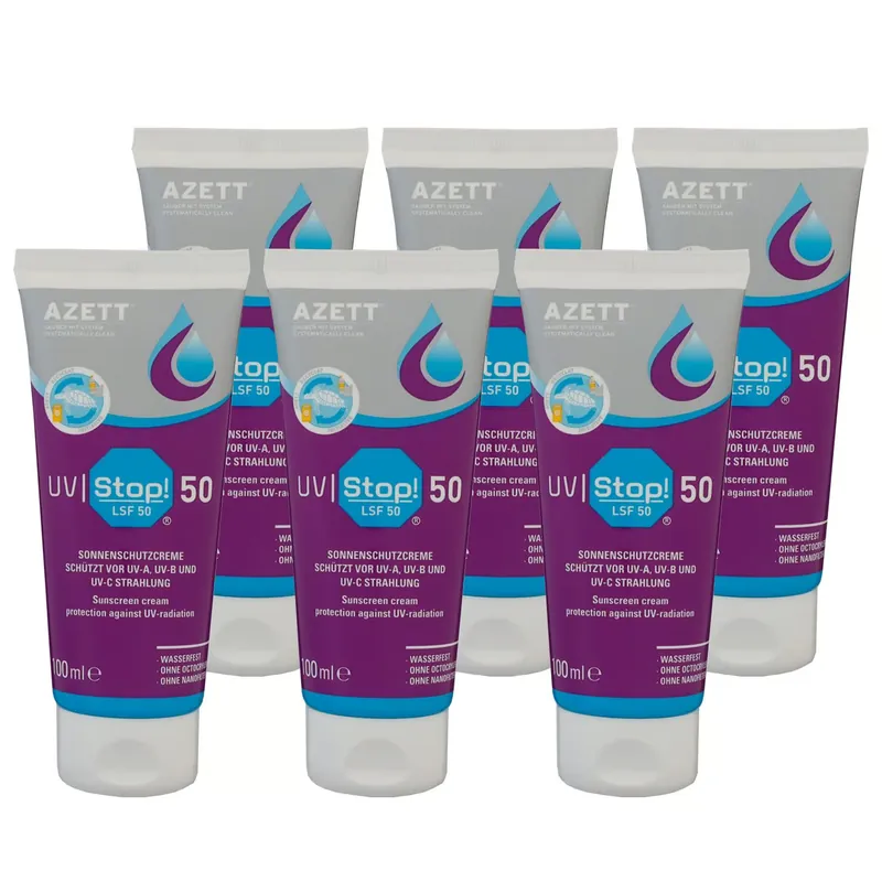 Top-Preis Azett UV Stop 6 x 100 ml Sonnenschutzcreme Schutz vor UV Strahlen LSF 50 Set
